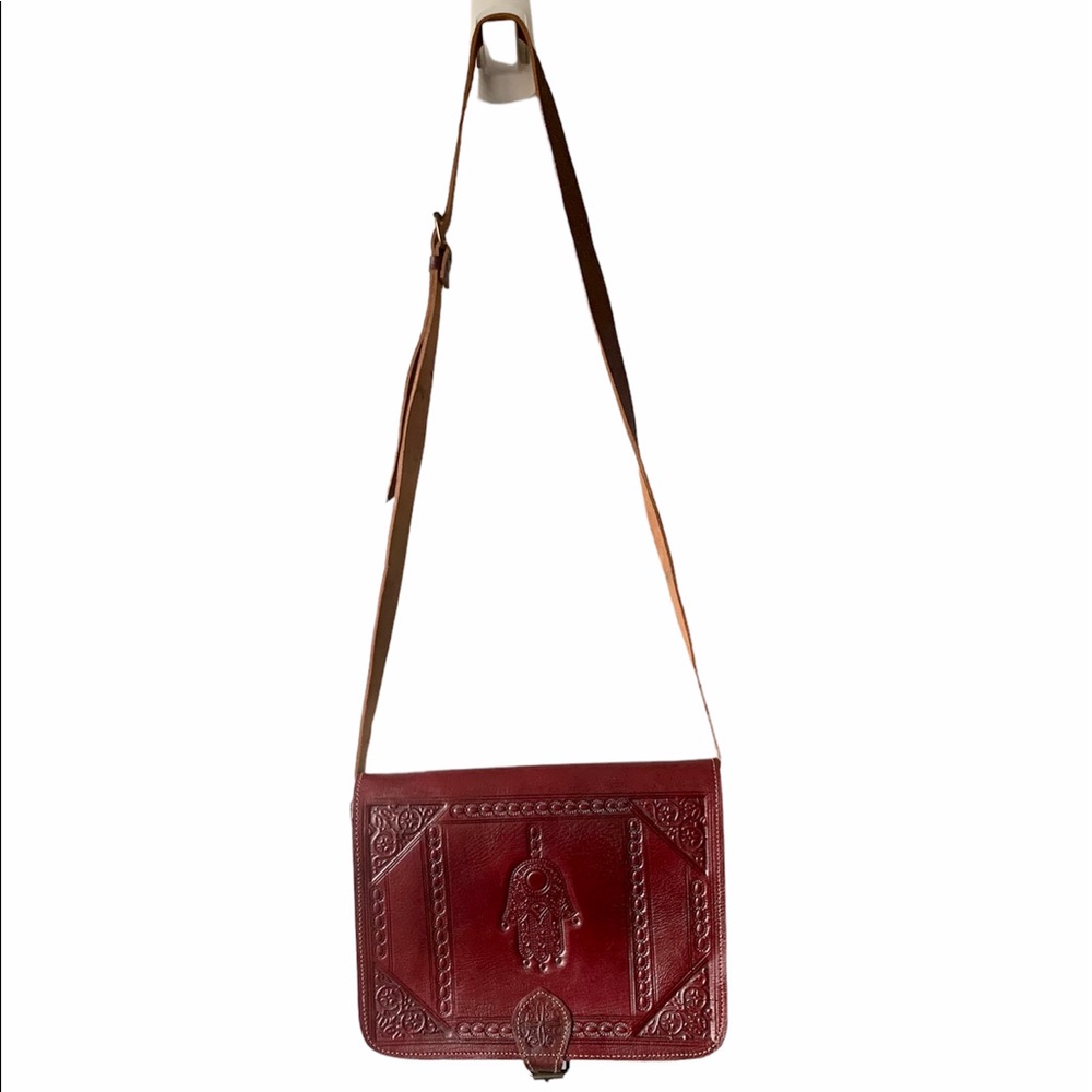 Moroccan Leather Bag, Handmade Engraved Bag, Boho Bag, Red dark Leather Handbag